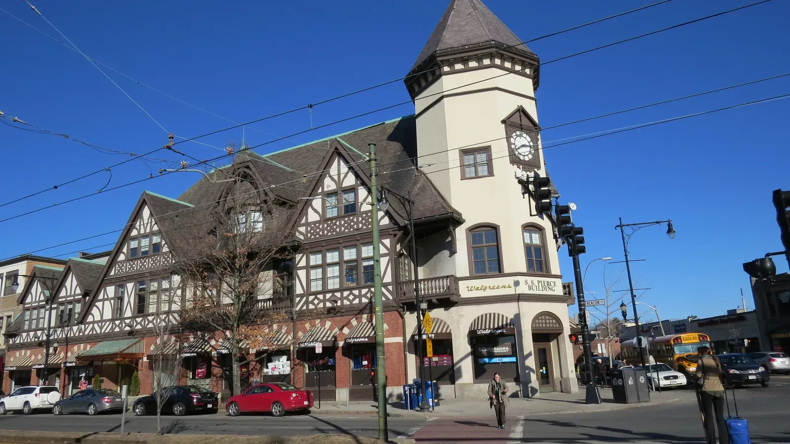 The Tudor-style S.S. Pierce Building and its clock tower at Coolidge Corner, Brookline, Massachusetts