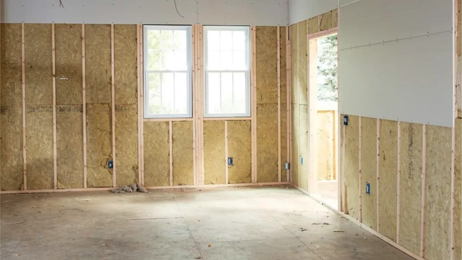 An empty framed room mid-installation, one wall sheeted with bare gypsum drywall while the remaining walls are still open studs with insulation