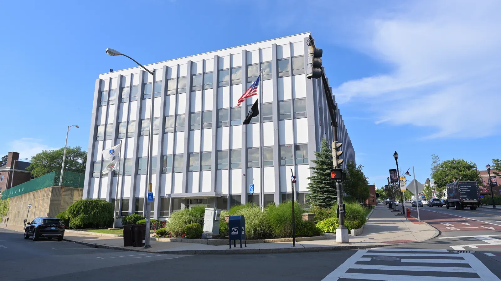 Everett City Hall, a modern glass-and-steel civic building on Broadway, Everett, Massachusetts