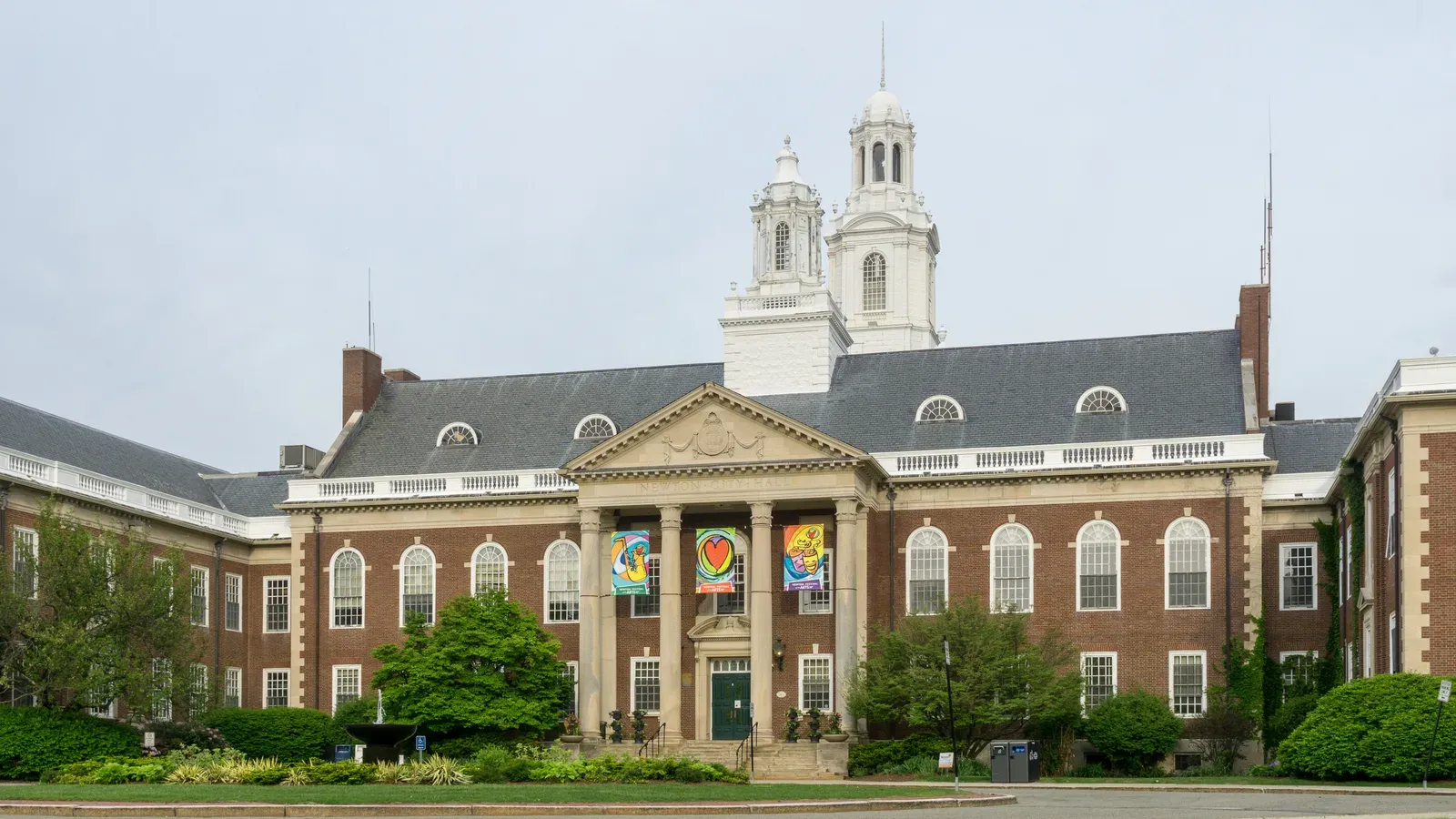 Newton City Hall, a brick Georgian Revival building with a white cupola, Newton, Massachusetts