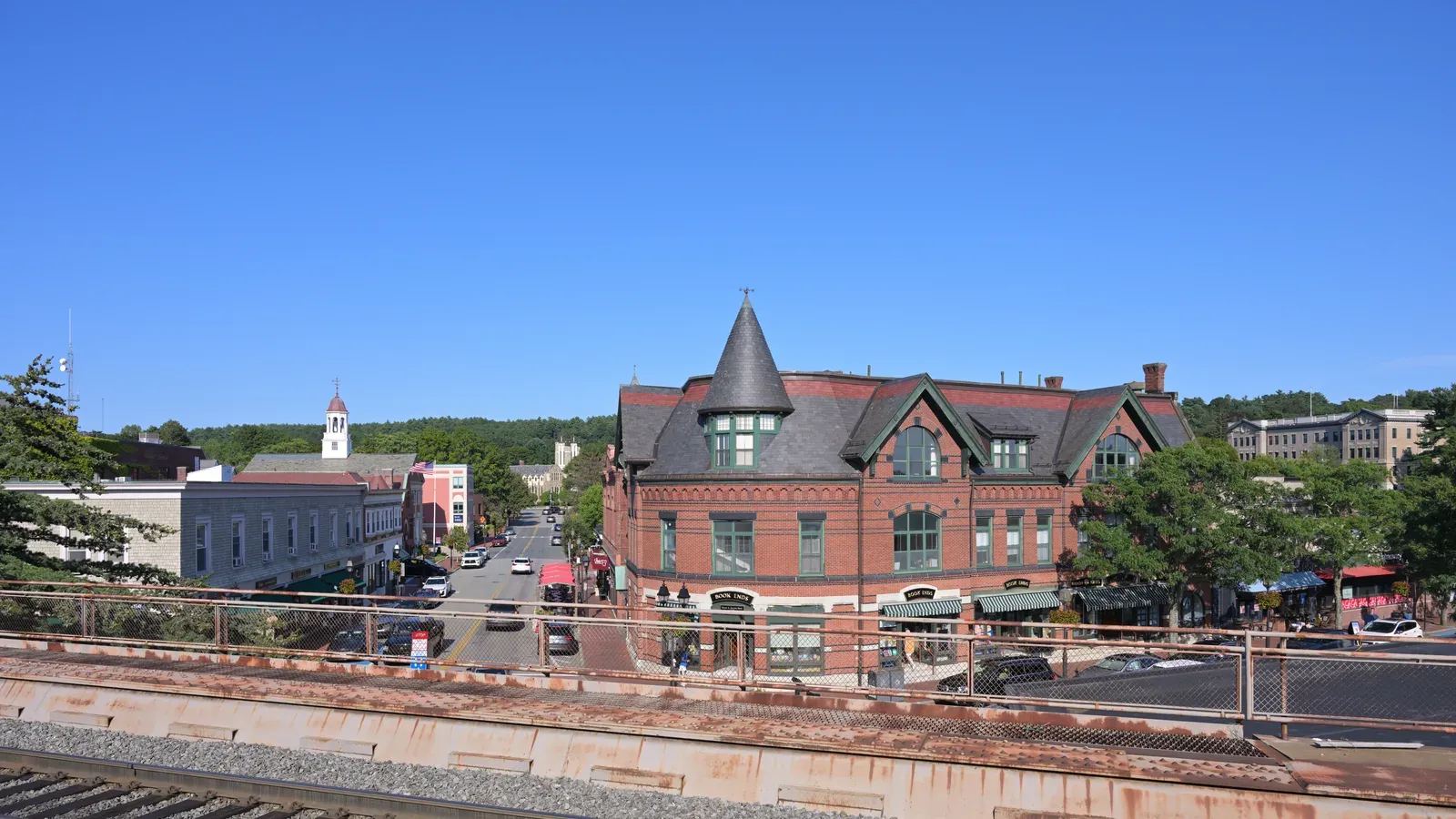 Winchester Center with its landmark brick turreted commercial block, Winchester, Massachusetts